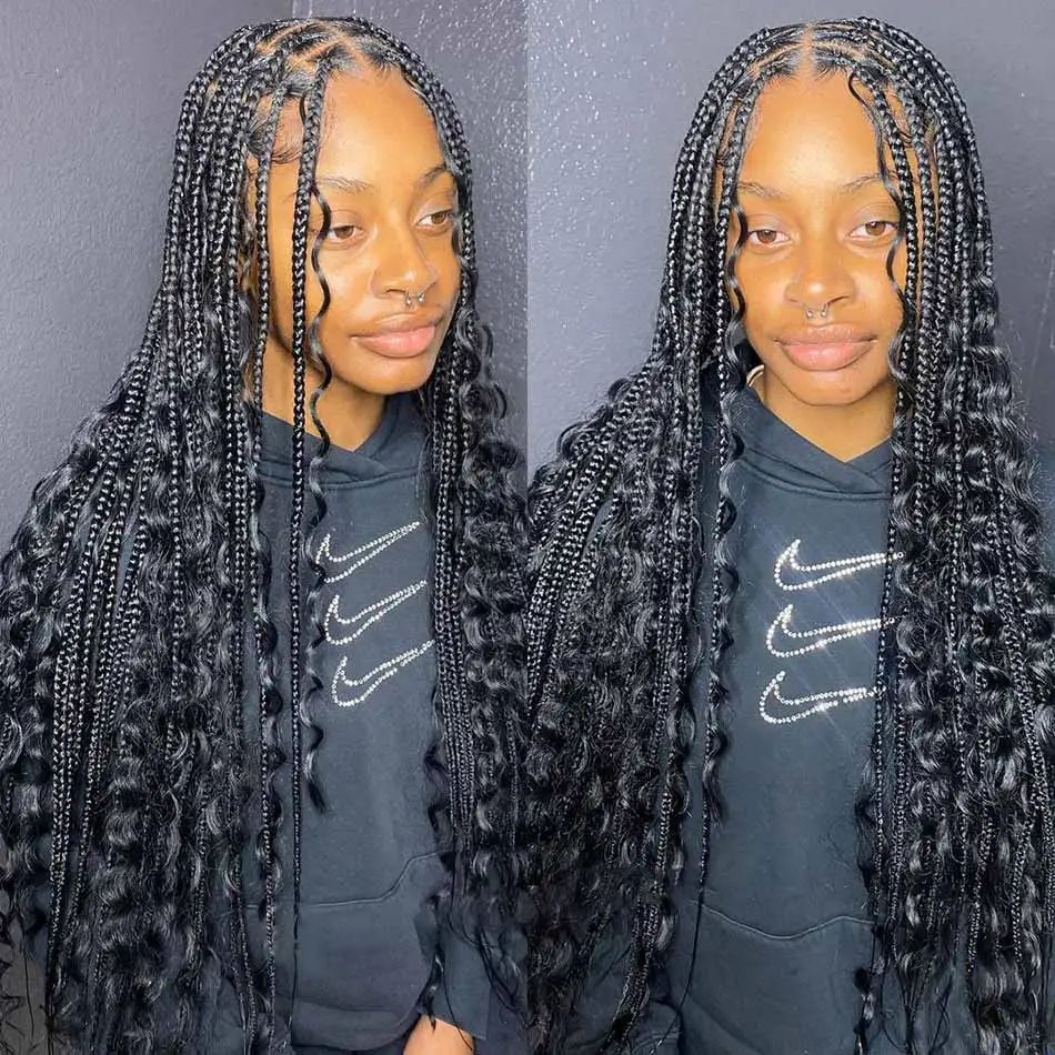 Long Black Braids With Curly Texture Long Black Braids With Curly Texture — Boho Knotless Braids 2027