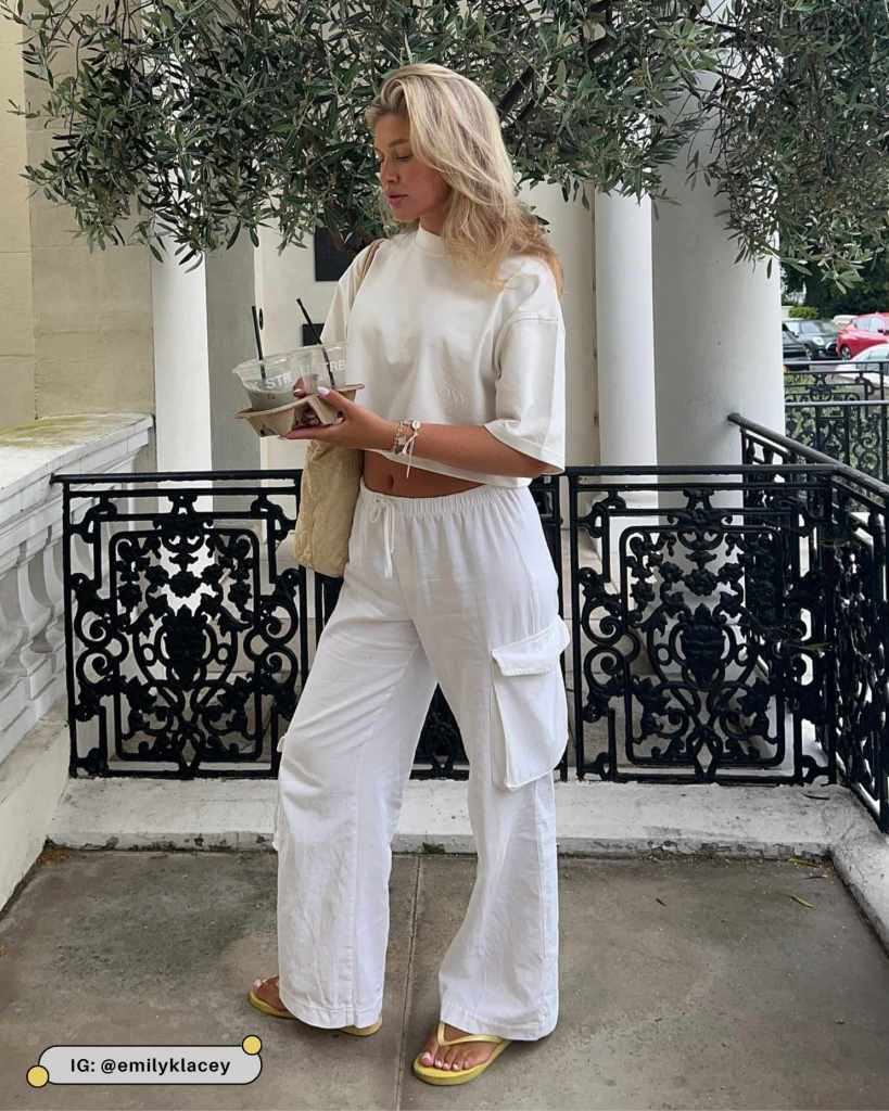 White Wide-Leg Cargo Pants with Cropped Tee and Yellow Flops White Wide-Leg Cargo Pants with Cropped Tee and Yellow Flops — Cargo Pants Outfits 2027