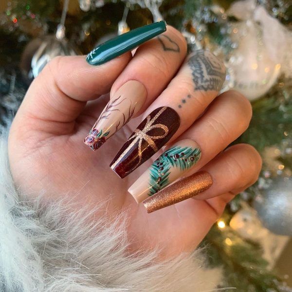 Nude Burgundy Green Gold Bronze Glitter Visual Idea Nude Burgundy Green Gold Bronze Glitter Visual Idea — Christmas Acrylic Nails 2026