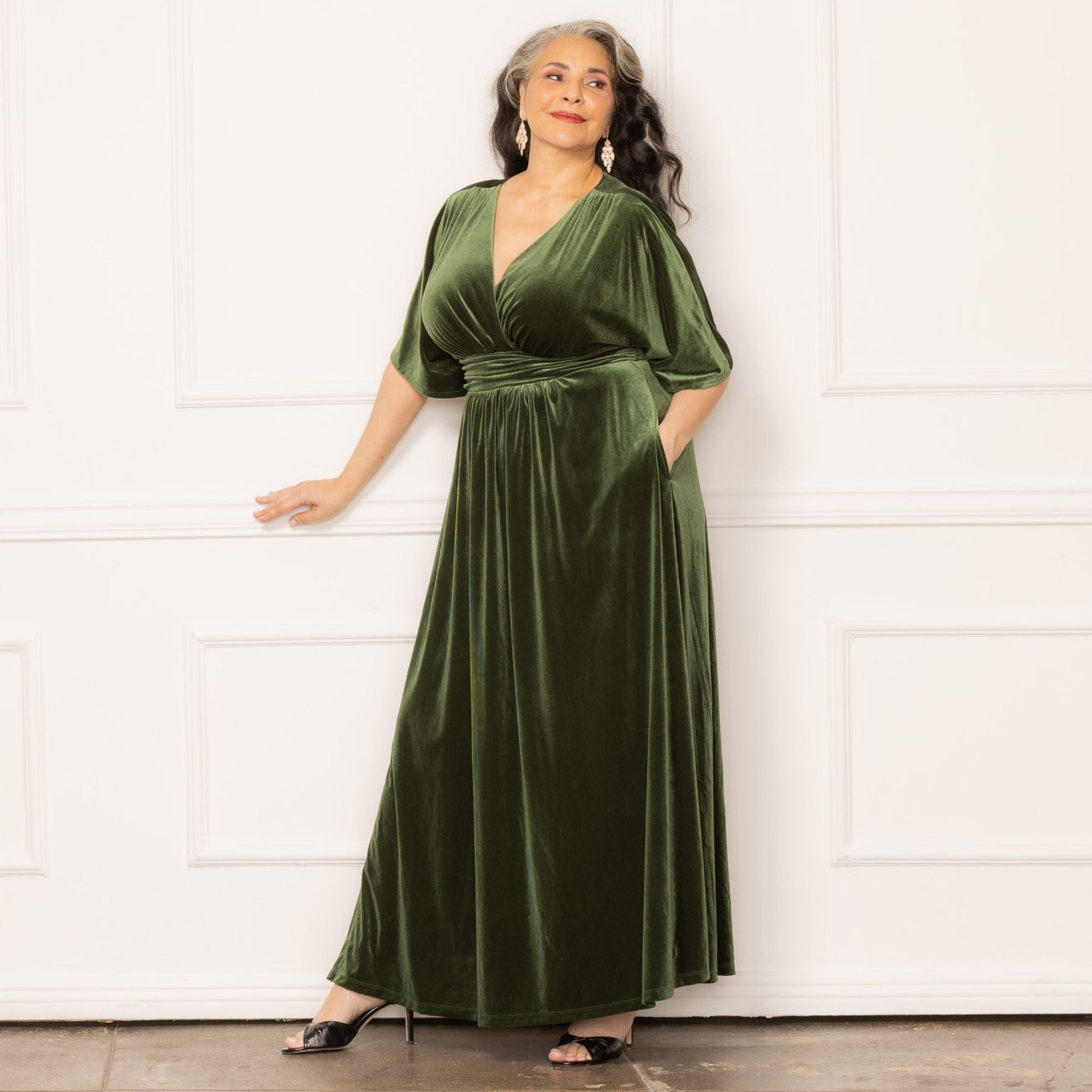 Olive Green Velvet Wrap Dress with Pockets Olive Green Velvet Wrap Dress with Pockets — Grandmother of the Bride Outfits 2027