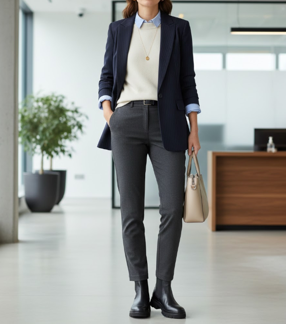 Layered Knitwear and Pinstripe Blazer with Grey Trousers and Chunky Chelsea Boots Layered Knitwear and Pinstripe Blazer with Grey Trousers and Chunky Chelsea Boots — Chelsea Boots Outfits 2027