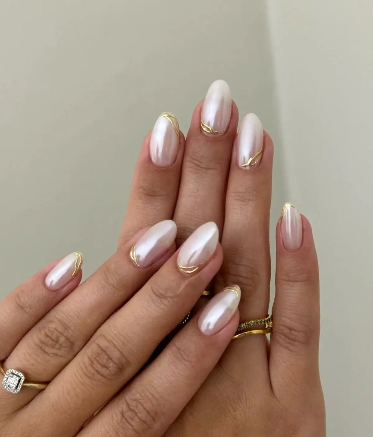 Gold Line Accented Pearl White Nails Gold Line Accented Pearl White Nails — Classy Wedding Nails 2027