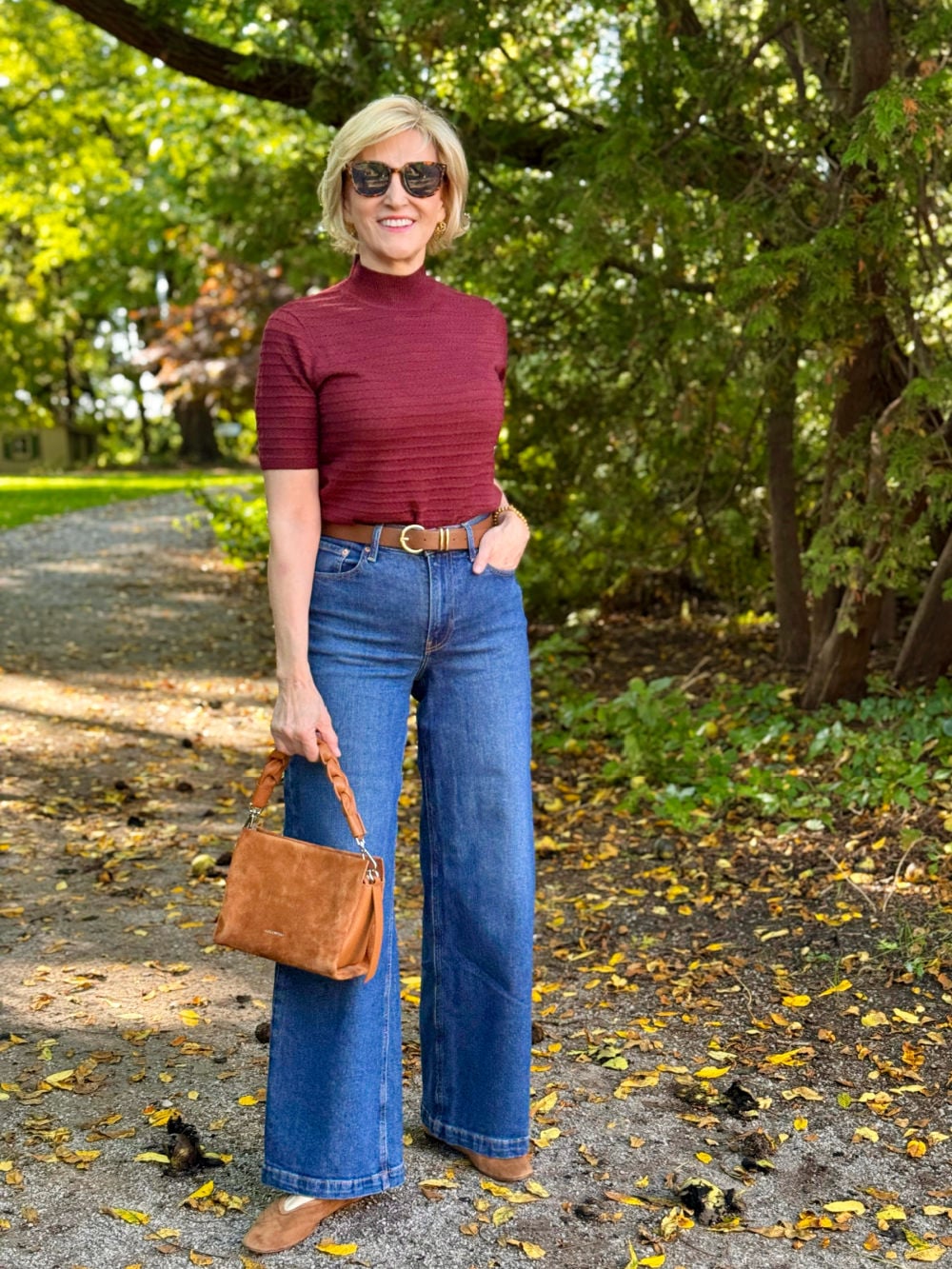 Burgundy Ribbed Mock-Neck Top with Wide-Leg Dark Wash Jeans Burgundy Ribbed Mock-Neck Top with Wide-Leg Dark Wash Jeans — Date Night Outfits 2027 for Women Over 50