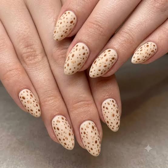Medium Almond Matte Beige with Brown Dots Medium Almond Matte Beige with Brown Dots — Polka Dot Nails 2027