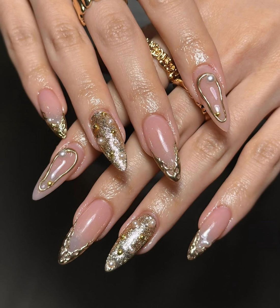 Long Stiletto with Mixed Gold Embellishments — Nails 2027 for Gold Dress