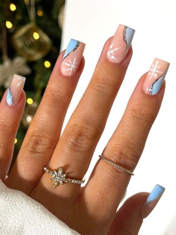 Pale Pink Blue Color Block Snowflake Nails Pale Pink Blue Color Block Snowflake Nails — Winter Coffin Nails 2027