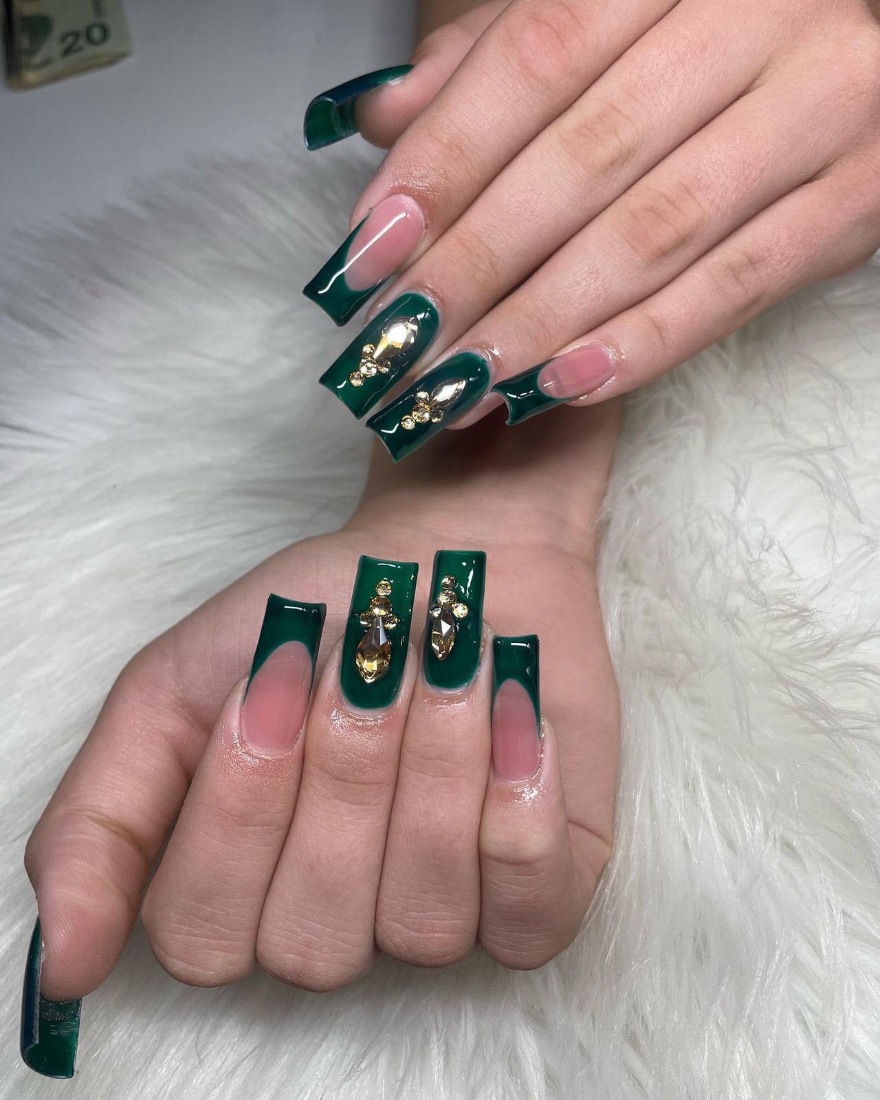Glossy Emerald Swirl French Tip Coffin Nails Glossy Emerald Swirl French Tip Coffin Nails — Emerald Prom Nails 2027