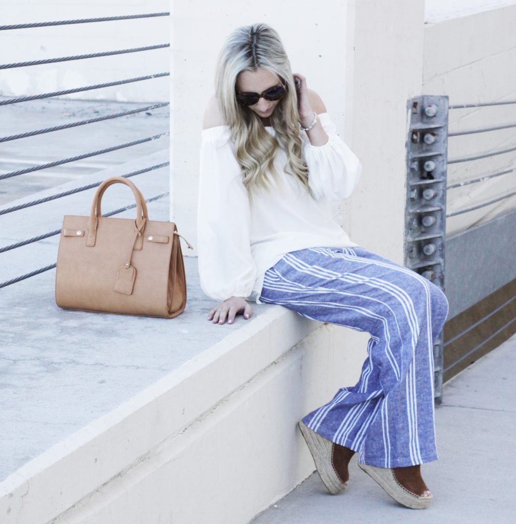 Nude Espadrille Wedges Off-the-Shoulder Blouse and Striped Wide-Leg Pants for Casual Summer Style Nude Espadrille Wedges Off-the-Shoulder Blouse and Striped Wide-Leg Pants for Casual Summer Style — Nautical Outfits 2027