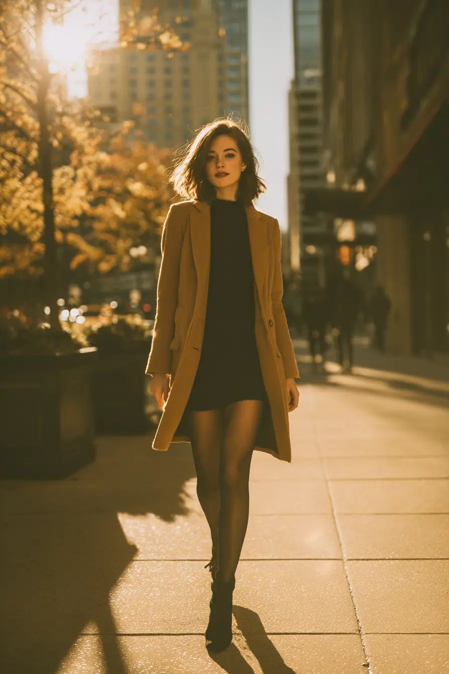 Camel Coat over Black Mini Dress and Tights Camel Coat over Black Mini Dress and Tights — Winter Outfits 2027 for Work