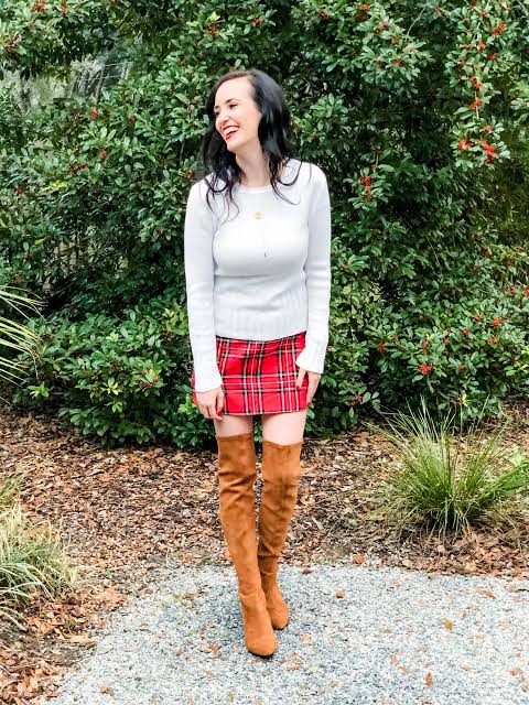 Plaid Mini Skirt with Over-the-Knee Boots — Plaid Christmas Outfits 2026