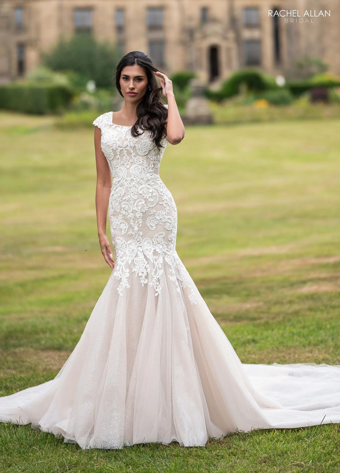 Lace Glitter Tulle Blush and Ivory Mermaid Wedding Dress with Square Neckline and Cap Sleeves Lace Glitter Tulle Blush and Ivory Mermaid Wedding Dress with Square Neckline and Cap Sleeves — Square Neck Wedding Dresses 2