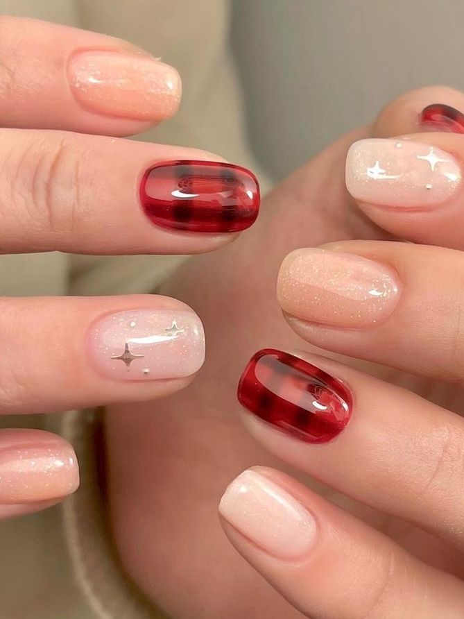 Red Plaid Jelly & Tiny Stars — Cozy Winter Nails 2027