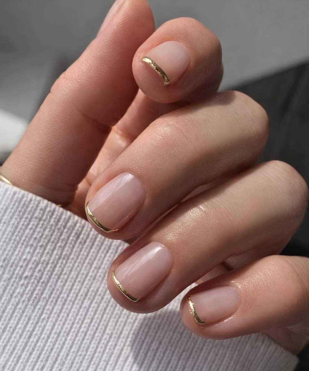 Nude Square with Subtle Gold Line — Short Gold French Tip Nails 2027