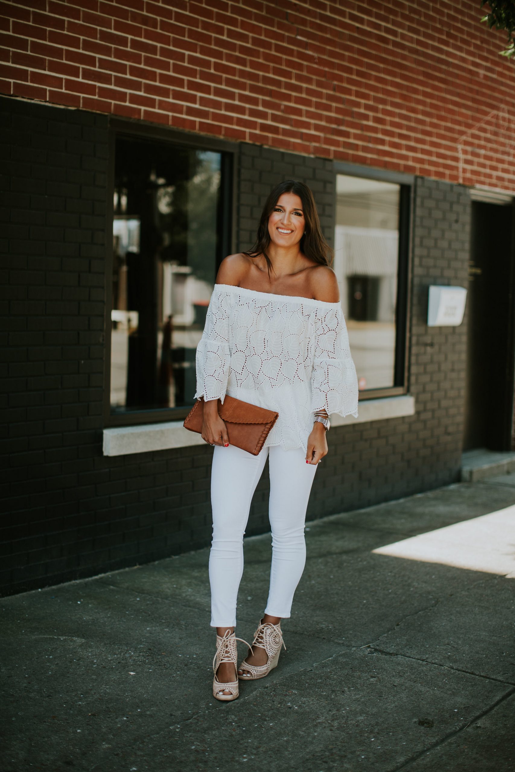 White Eyelet Off-Shoulder Top with Skinny Jeans — Off the Shoulder Top Outfits 2027