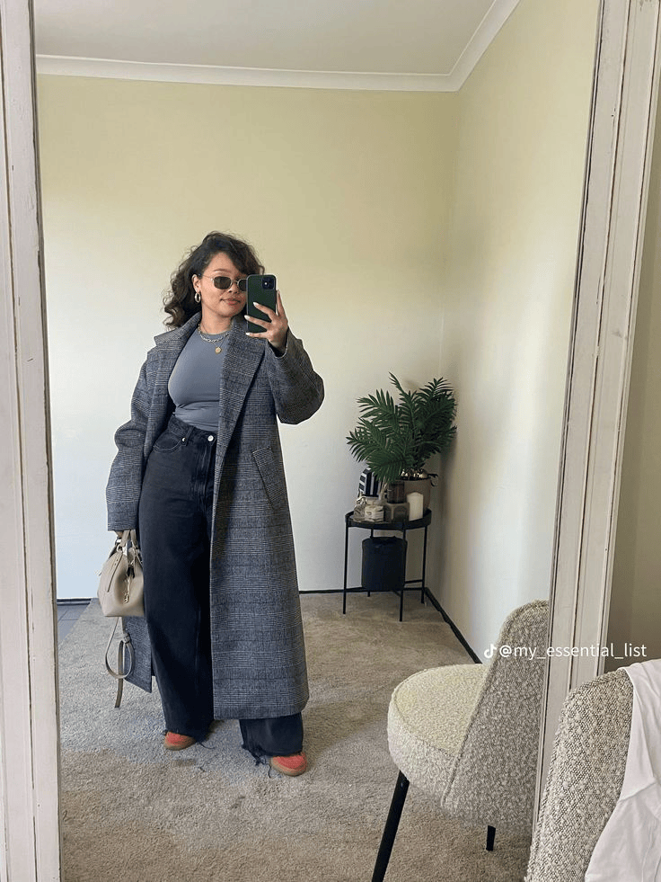 Long Grey Checked Coat with Red Sneakers and Jeans Long Grey Checked Coat with Red Sneakers and Jeans — Winter Grey Outfits 2027