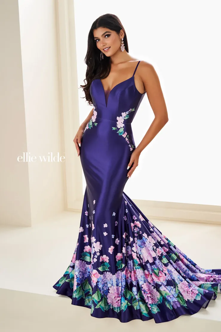 Deep Purple Satin Gown with Plunging Neckline and Floral Print Train Deep Purple Satin Gown with Plunging Neckline and Floral Print Train — Prom Outfits 2027