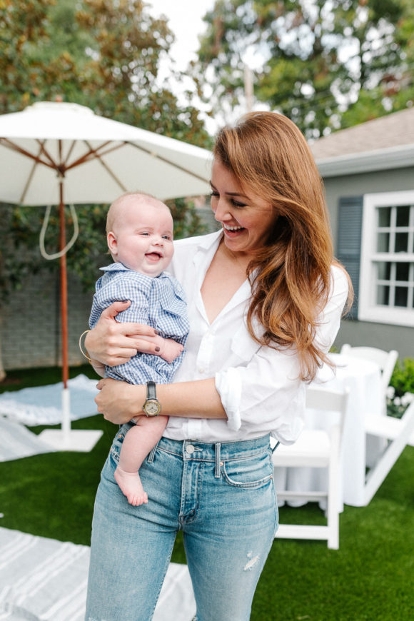 White Button-Down Shirt with Denim and a Gingham Baby — Sip and See Outfits 2027