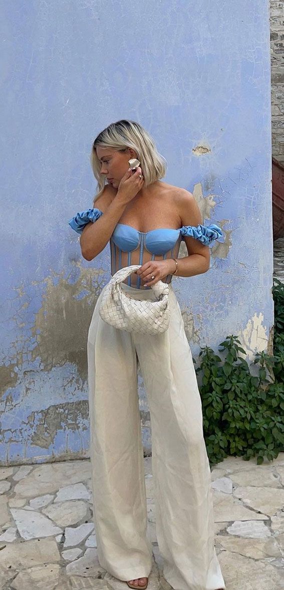 Blue Satin Corset Top with Cream Linen Trousers Blue Satin Corset Top with Cream Linen Trousers — Summer Everyday Outfits 2027