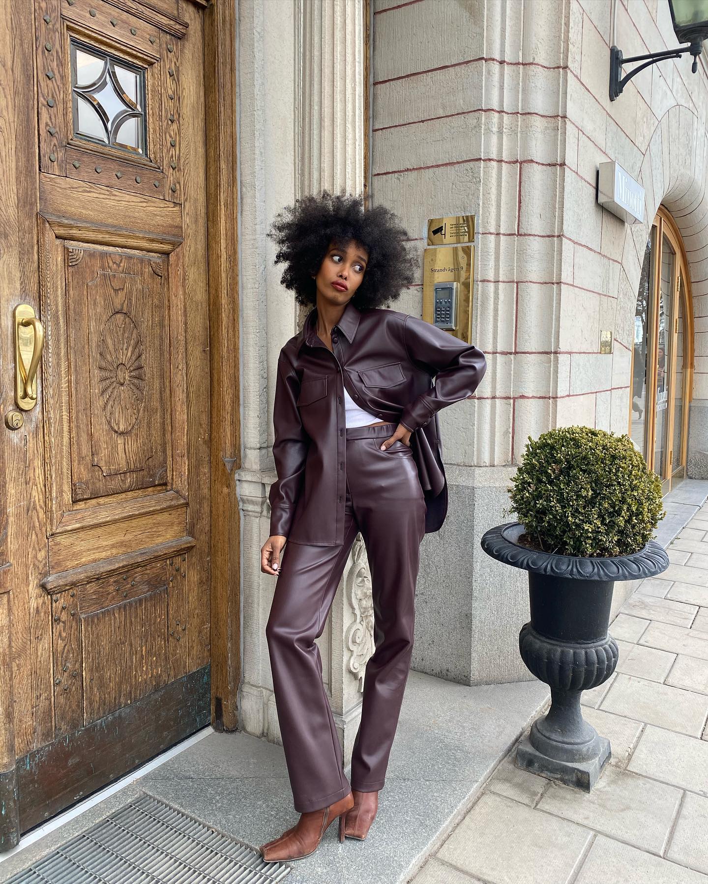 Monochromatic Power: Faux Leather Set for City Exploration Monochromatic Power: Faux Leather Set for City Exploration — Europe Outfits 2027