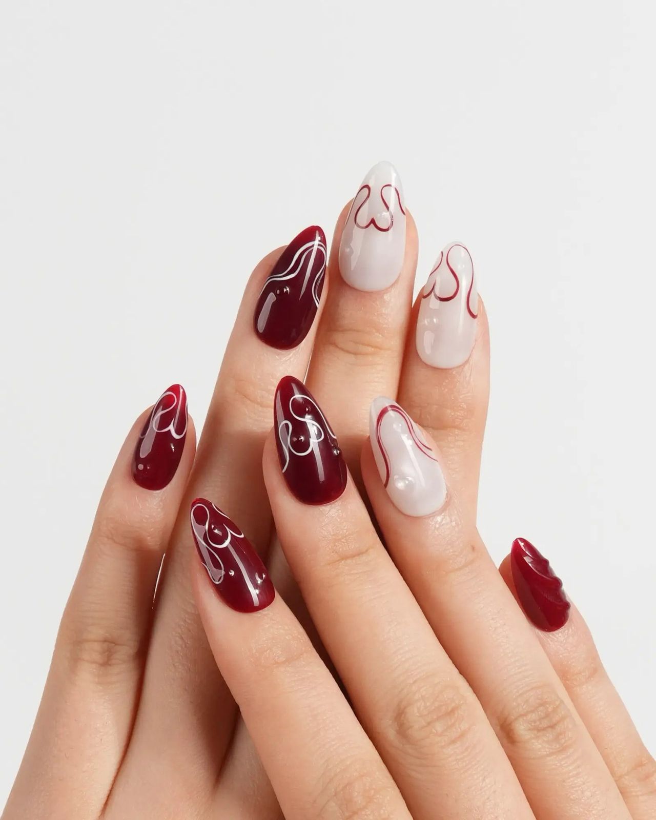 Medium Almond Deep Red White Red Flames Medium Almond Deep Red White Red Flames — Minimal Line Art Nails 2027