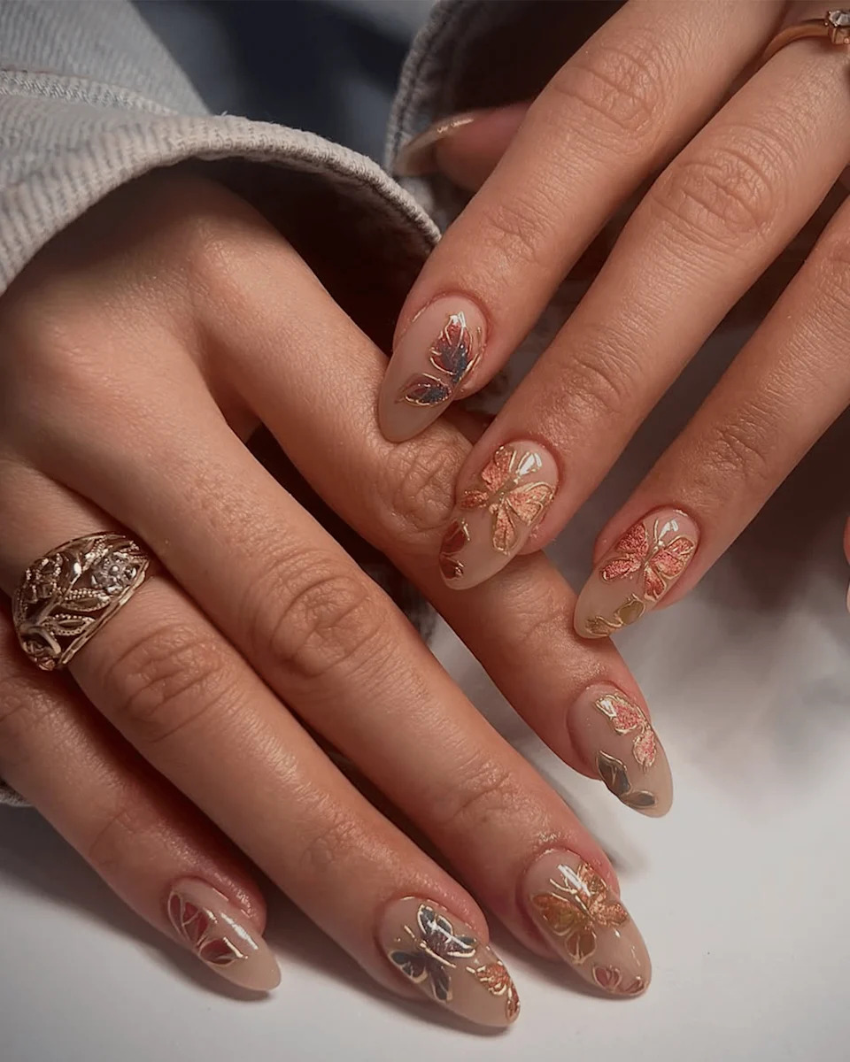 Sheer Nude Metallic Iridescent Butterfly Almonds — Short Butterfly Almond Nails 2027
