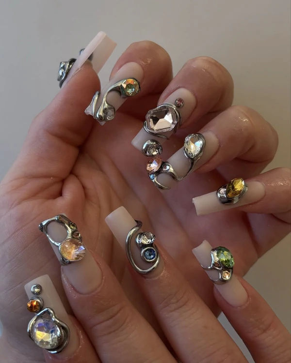 Nude Base with 3D Metallic Charms and Rhinestones — Long Coffin Nails 2027