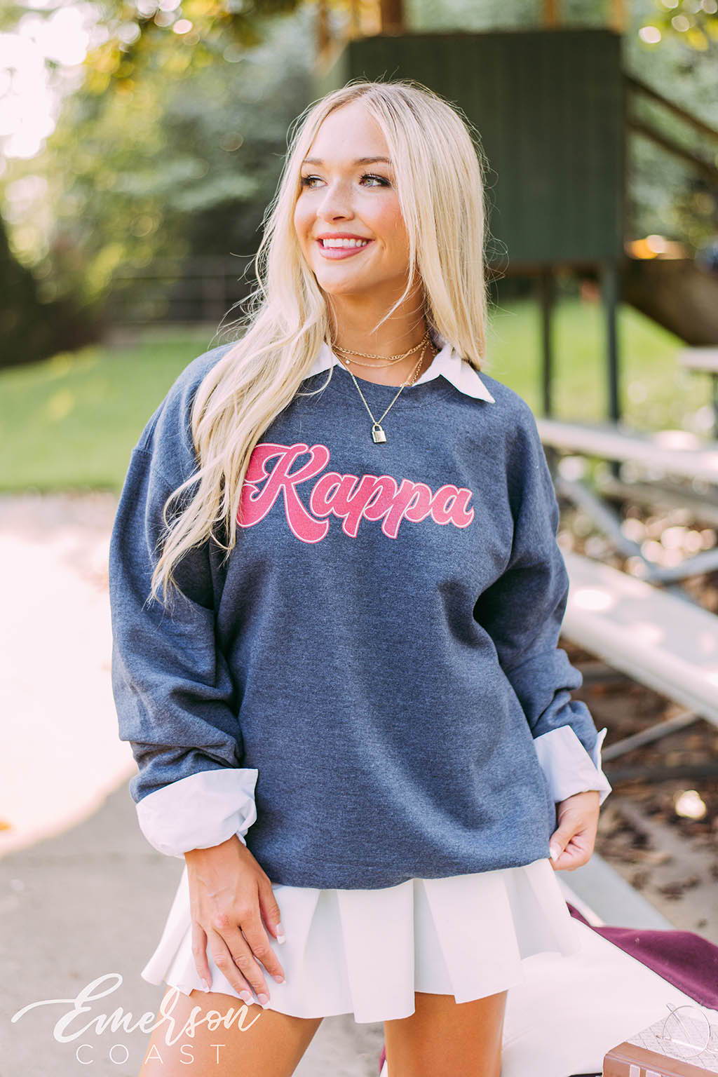 Grey Sorority Sweatshirt Over Collared Shirt with Pleated Skirt Grey Sorority Sweatshirt Over Collared Shirt with Pleated Skirt — Sorority Outfits 2027