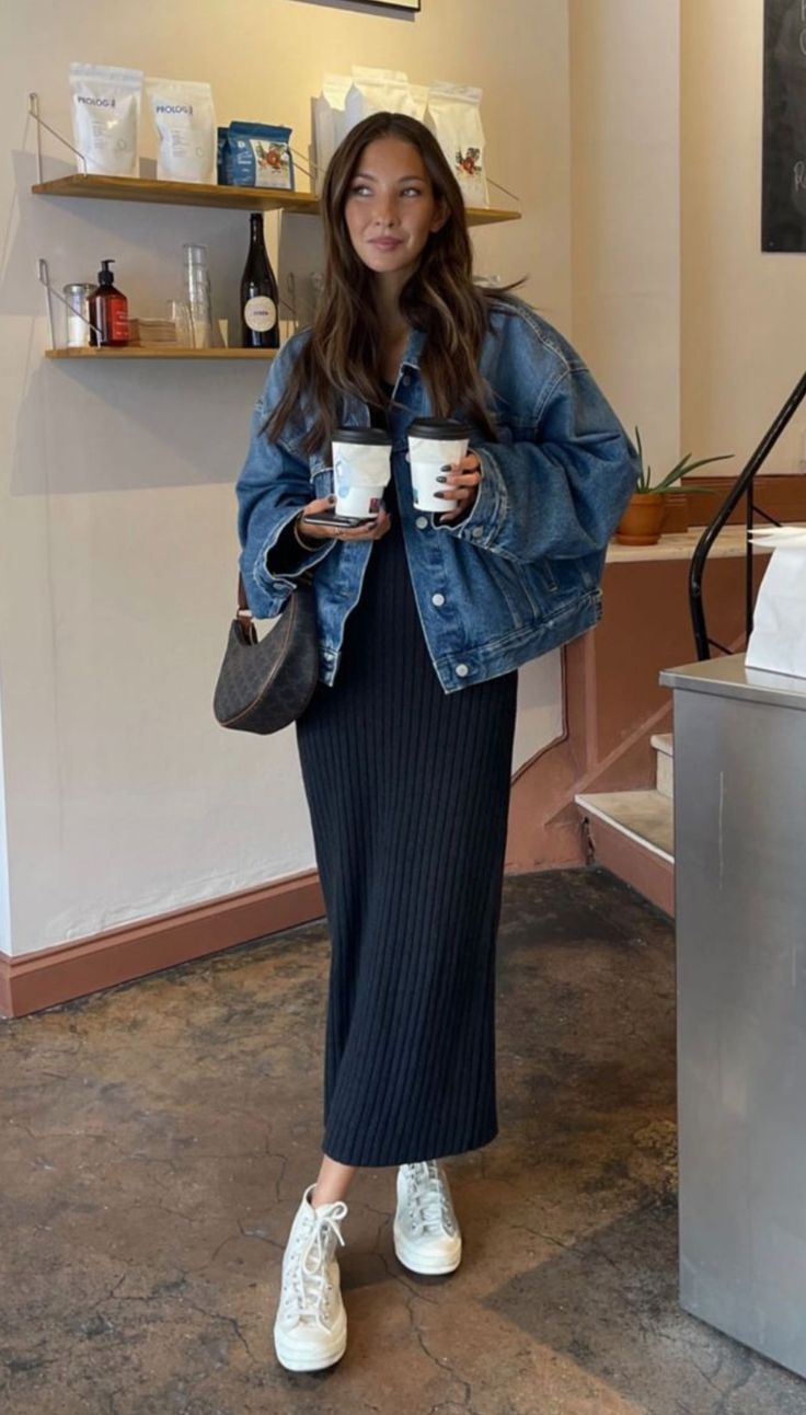 Black Ribbed Knit Midi Dress with Oversized Denim Jacket Black Ribbed Knit Midi Dress with Oversized Denim Jacket — Little Black Dress Outfits 2027