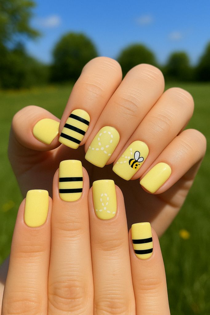 Matte Yellow with Bee Art and Stripes Matte Yellow with Bee Art and Stripes — Bee Nails 2027