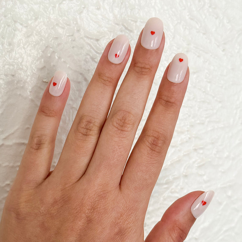 Pale Pink Red Heart Accent Oval Nails Pale Pink Red Heart Accent Oval Nails — Short Press On Nails 2027