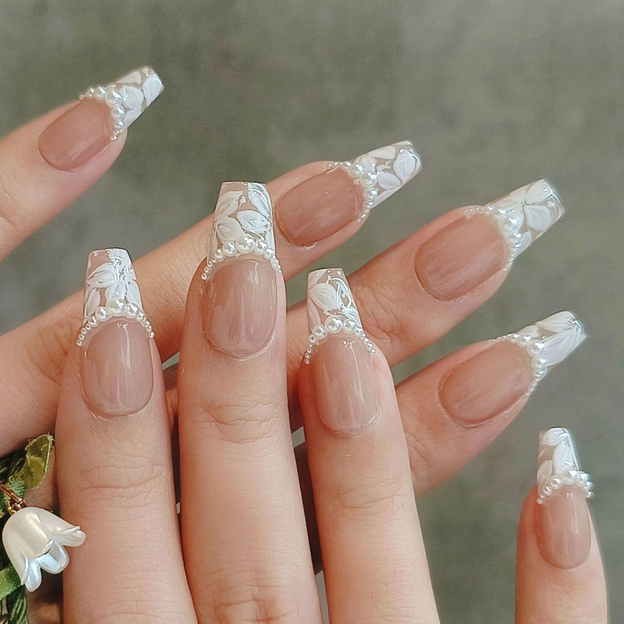 Long Square with Floral Appliqué French — Floral Wedding Nails 2027