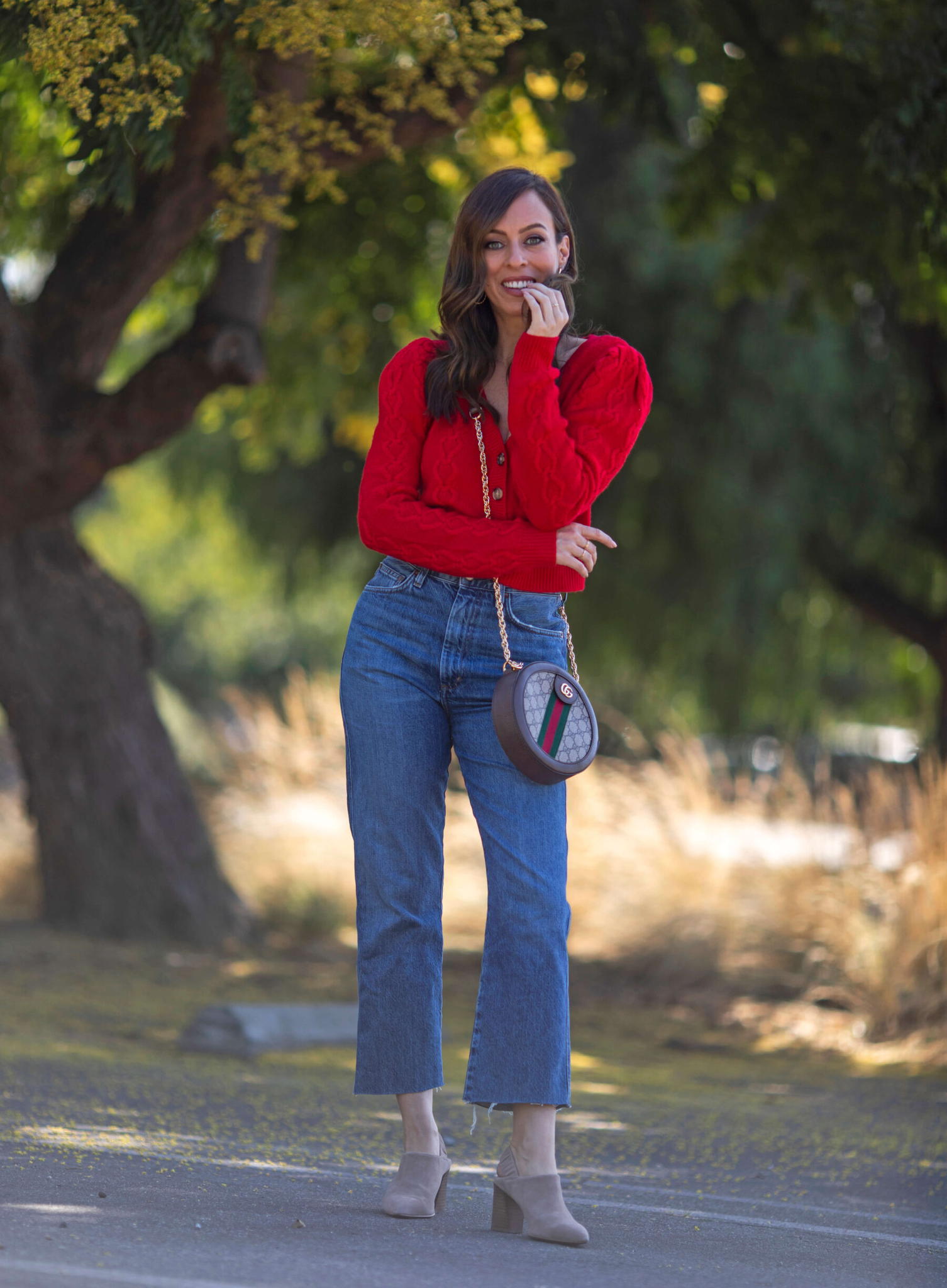Vibrant Red Cable-Knit Cropped Cardigan with Puff Sleeves Vibrant Red Cable-Knit Cropped Cardigan with Puff Sleeves — Fall Cardigan Outfits 2026