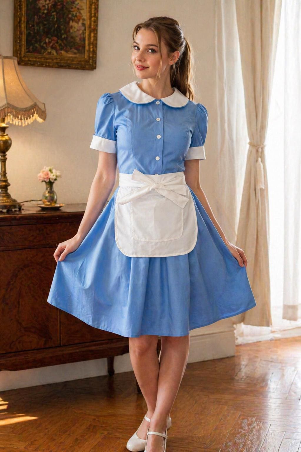 Blue Dress with Peter Pan Collar and Apron for Hostess Role Blue Dress with Peter Pan Collar and Apron for Hostess Role — Hostess Outfits 2027