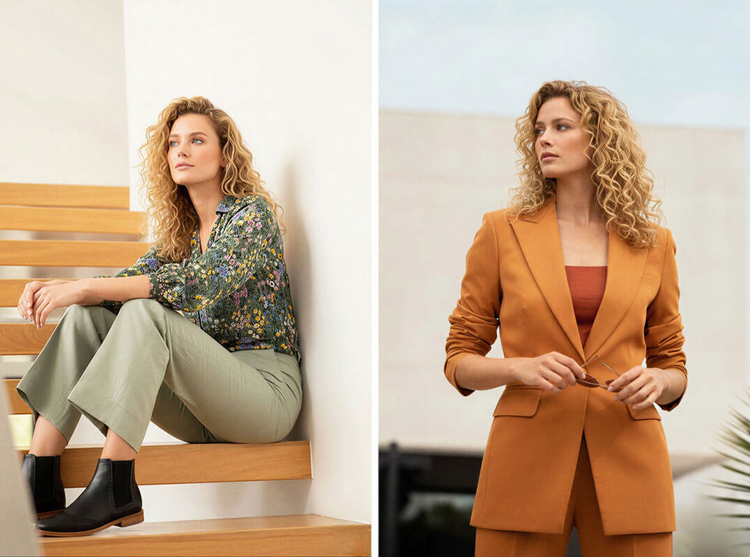 Sage Green Trousers with Floral Blouse and Orange Blazer Sage Green Trousers with Floral Blouse and Orange Blazer — Business Casual Outfits 2027