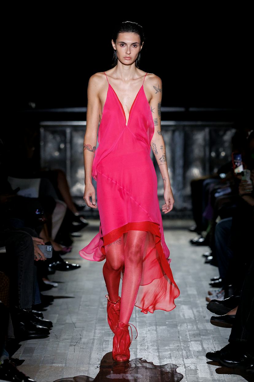 Hot Pink Silk Dress with Asymmetrical Draping Over a Red Sheer Overlay — Silk Dresses 2027