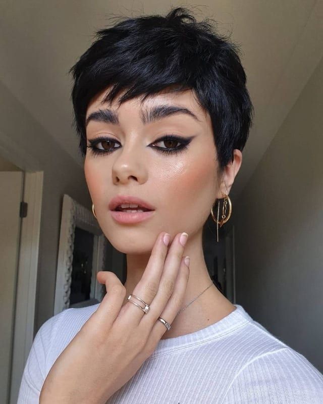 Tousled Black Pixie With Textured Bangs Tousled Black Pixie With Textured Bangs — Classic Pixie 2027