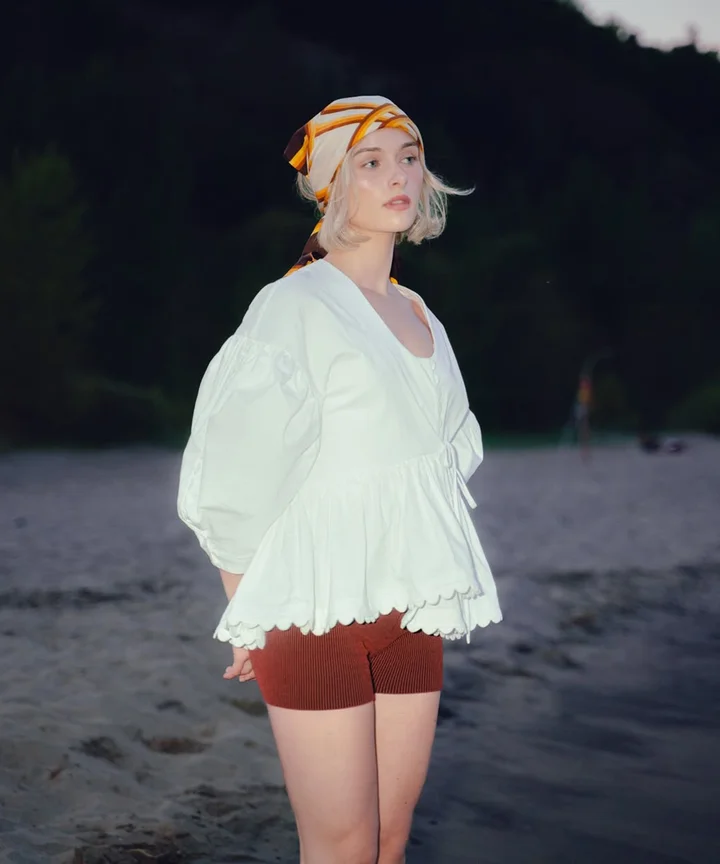 Voluminous Puff Sleeve Blouse with Rust Shorts Voluminous Puff Sleeve Blouse with Rust Shorts — Summer Photoshoot Outfits 2027