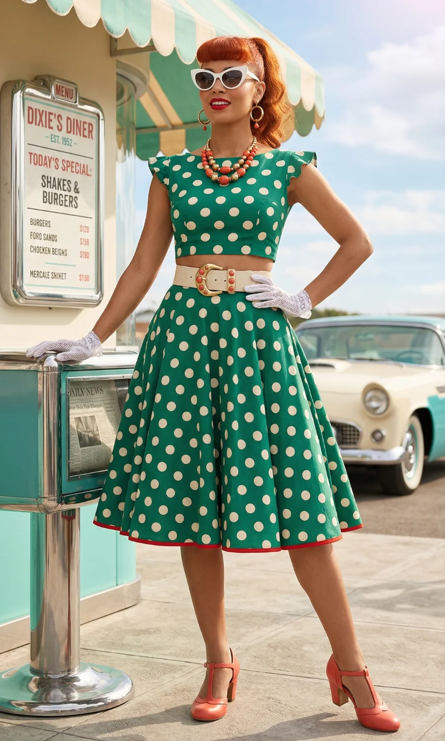Green Polka Dot Cropped Set with White Gloves and Coral Accents Green Polka Dot Cropped Set with White Gloves and Coral Accents — Pin Up Outfits 2027