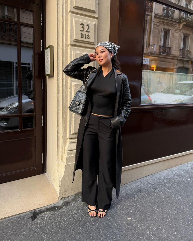 Trench Coat over V-Neck Top and Trousers with Heeled Sandals — Strappy Heels Outfits 2027