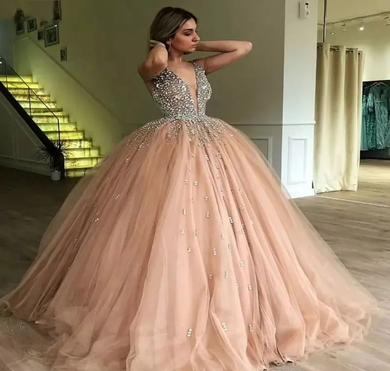 Blush Pink Ball Gown with Sparkling Silver Beading — Champagne Quinceanera Dress 2027