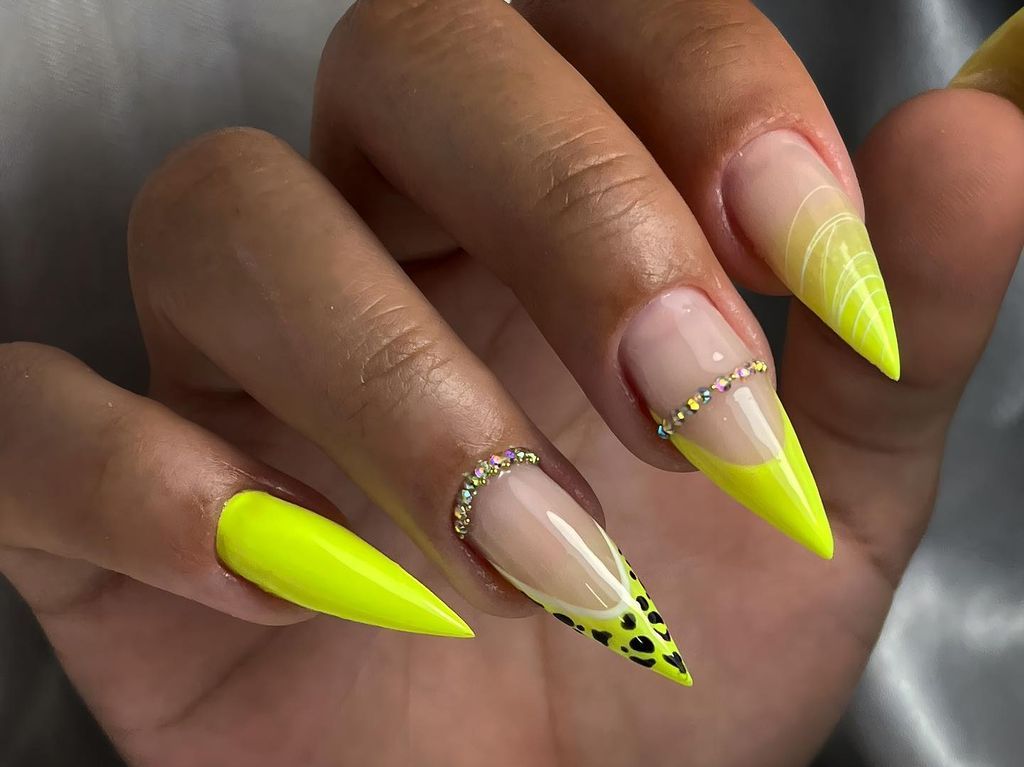 Neon Yellow French Tip with Leopard Accents Neon Yellow French Tip with Leopard Accents — Neon Stiletto Nails 2027