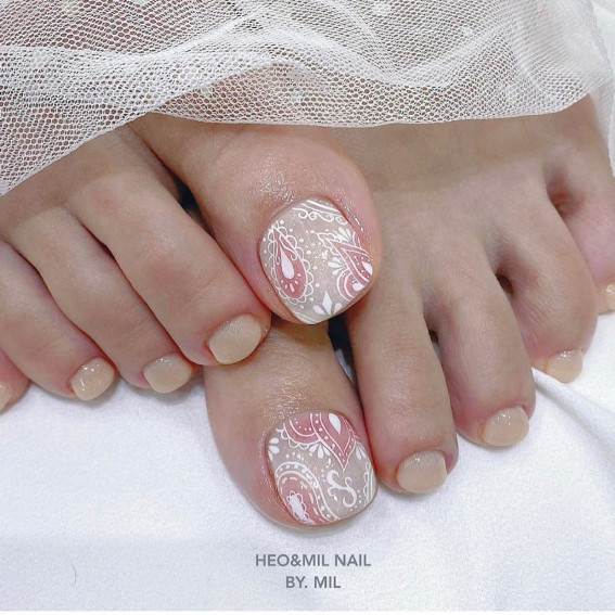 Nude Toes with White and Pink Paisley — Wedding Toe Nails 2027