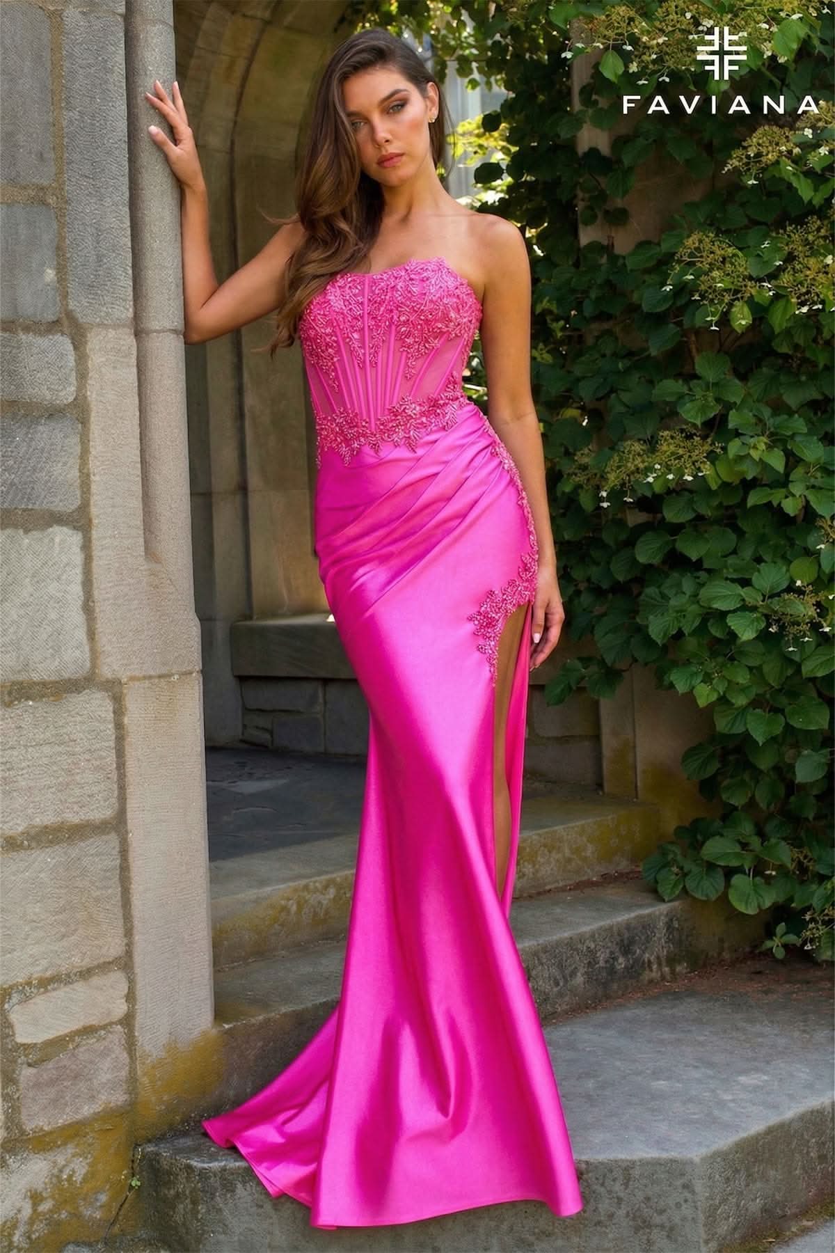 Hot Pink Strapless Satin Gown with Beading and High Slit Hot Pink Strapless Satin Gown with Beading and High Slit — Strapless Dresses 2027
