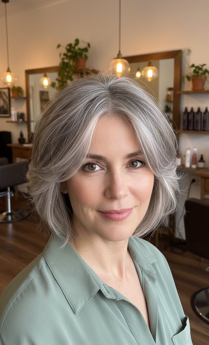 Silver Bob With Curtain Fringe Silver Bob With Curtain Fringe — Bangs 2027 for Women Over 50