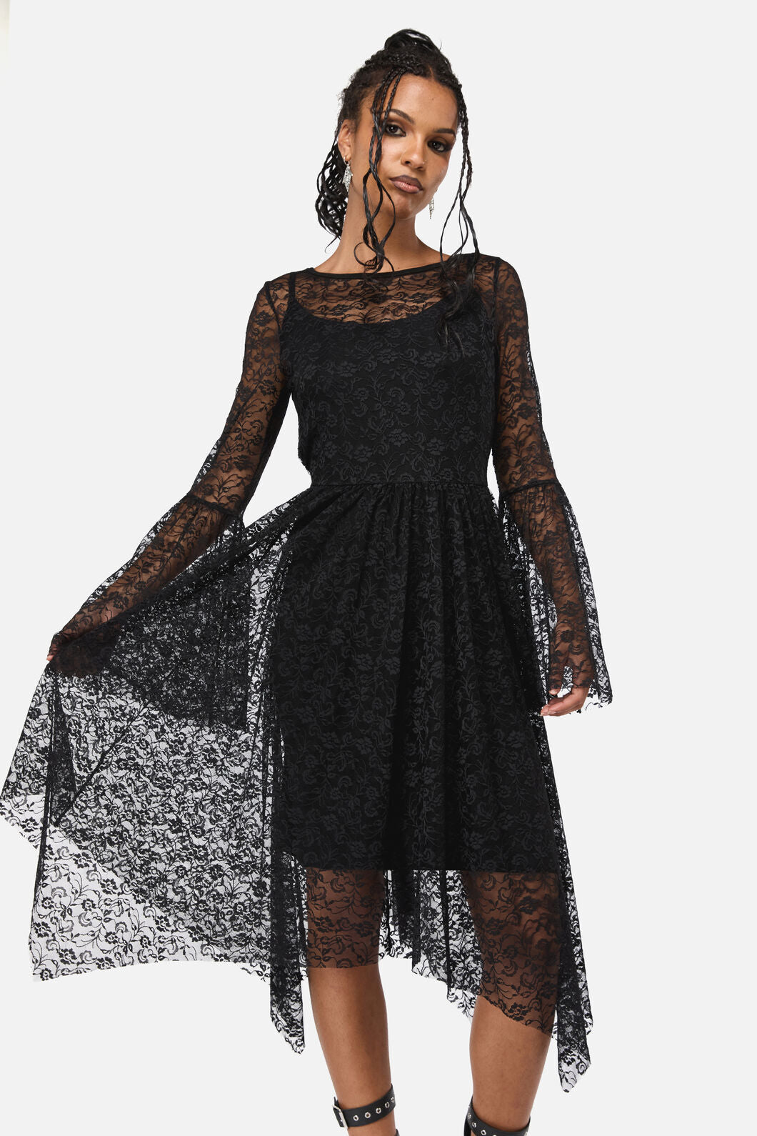 Goth Event Black Lace Maxi Dress with Sheer Bell Sleeves Goth Event Black Lace Maxi Dress with Sheer Bell Sleeves — Goth Lace Outfits 2027