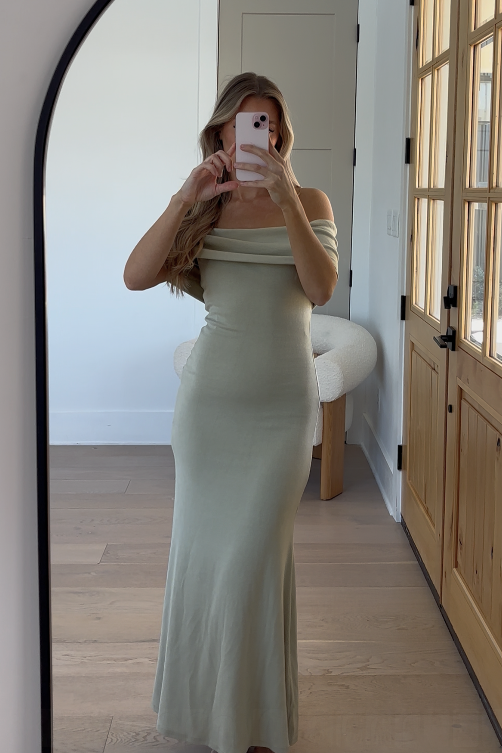 Evening Elegance: Off-the-Shoulder Maxi Dress — Sage Green Outfits 2027