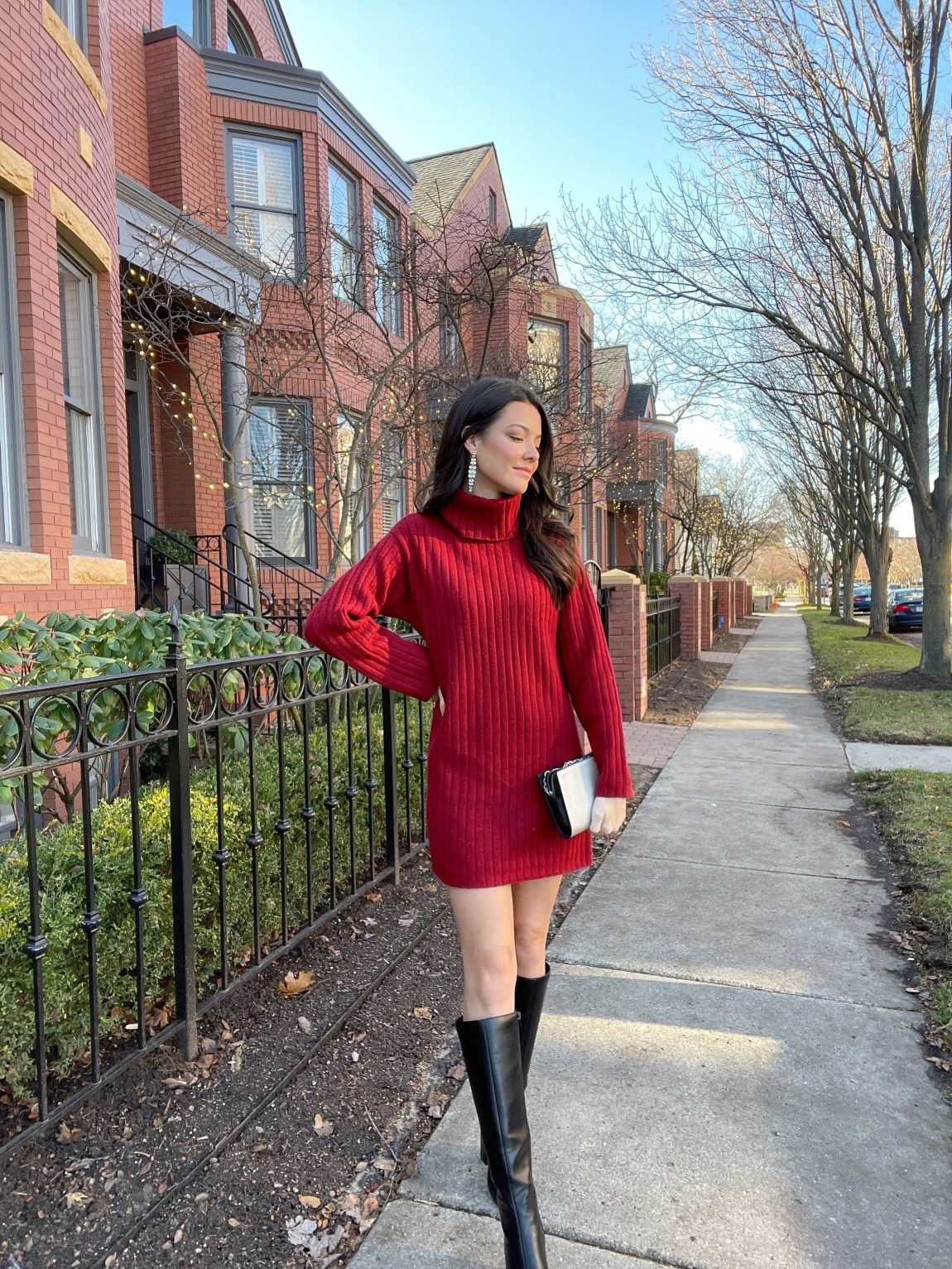 Chic Knitwear: Red Turtleneck Sweater Dress with Knee-High Boots — Cold Weather Outfits 2027