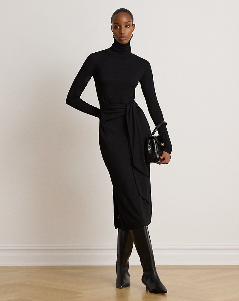Black Turtleneck Midi Dress with Draped Overlay — Turtleneck Outfits 2027