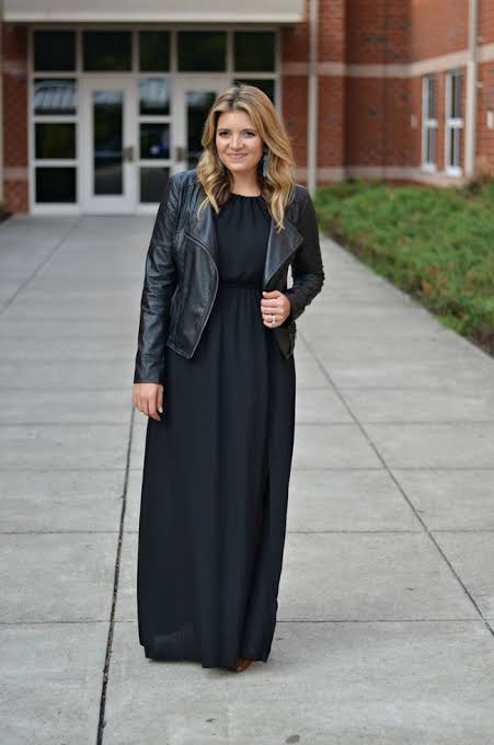 Chic Casual: Black Leather Jacket with Black Maxi Dress Chic Casual: Black Leather Jacket with Black Maxi Dress — Dress 2027 with Leather Jacket Outfit