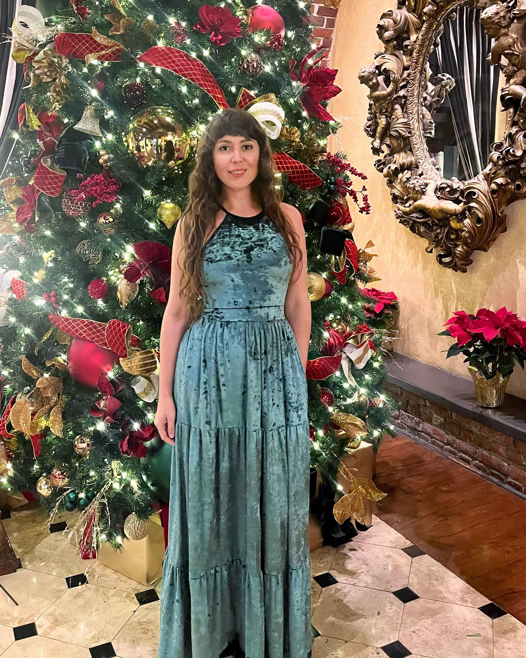 Blue-Green Velvet Maxi Dress for Holiday Gatherings — Green Christmas Outfits 2026